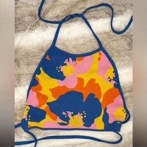 Zara Multicolored Floral Print Halter Open Back Knit Crop Top